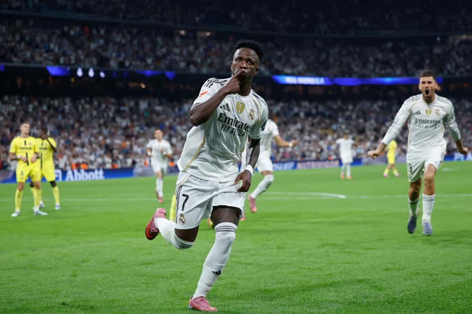 Vini Jr comemora gol do Real Madrid sobre o Villarreal, pela La Liga