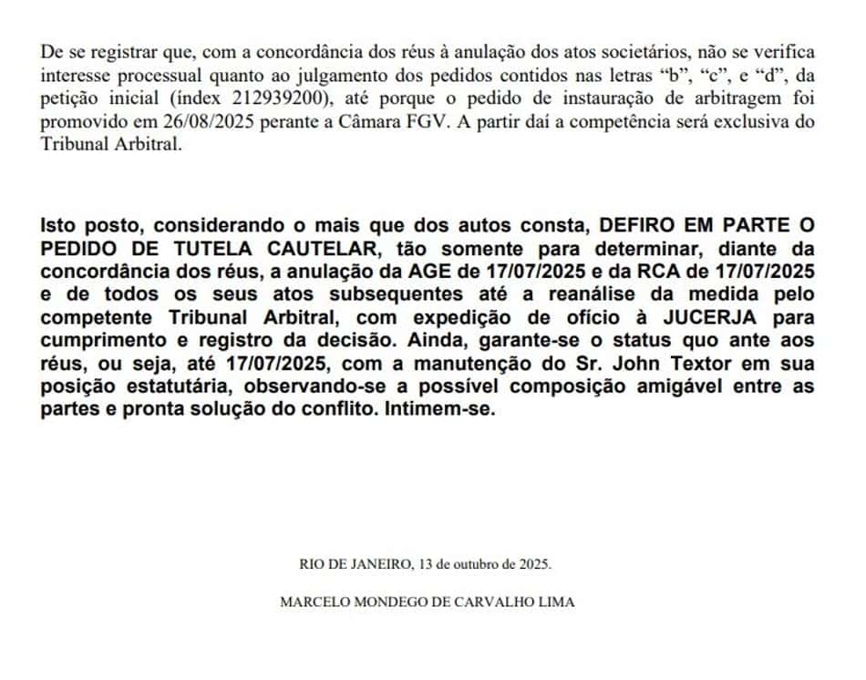 Decisão da Justiça do Rio anulando reunião da SAF do Botafogo (Foto: Reprodução)