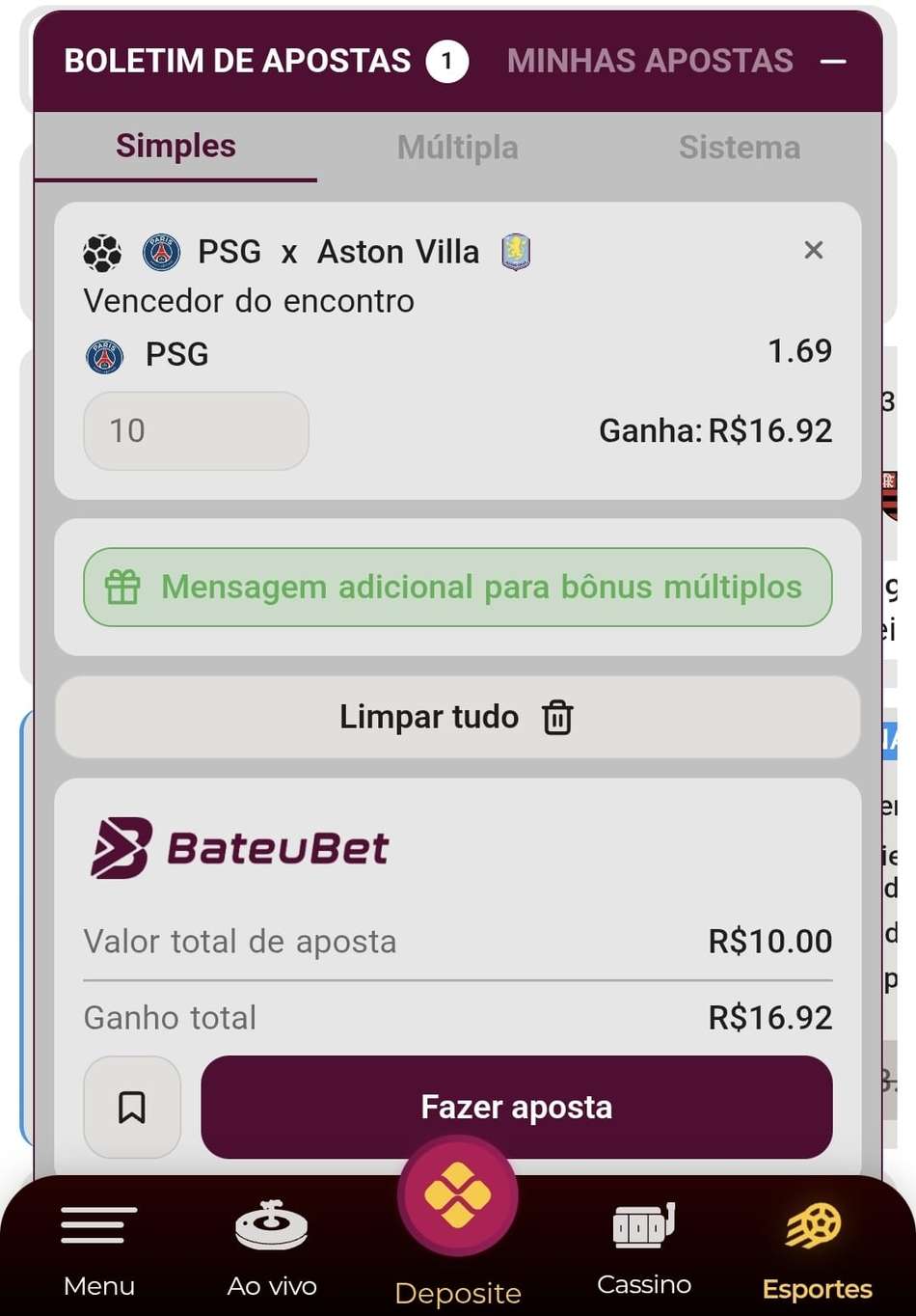 Captura de tela de apostas no futebol pelo Bateubet app