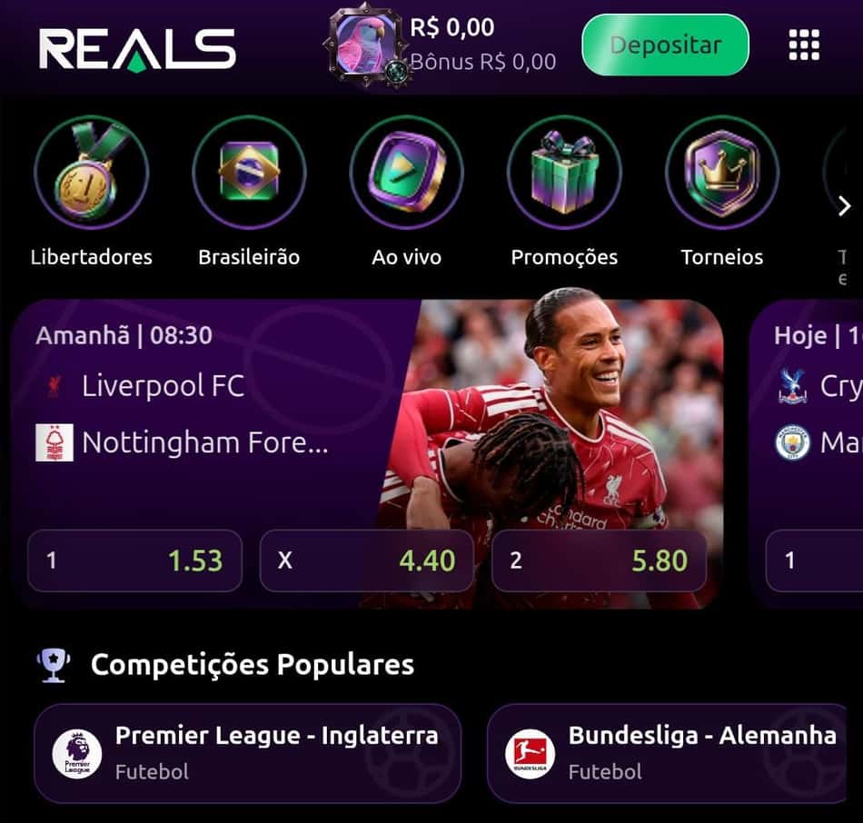 Captura de tela da página de esportes da Reals Bet.