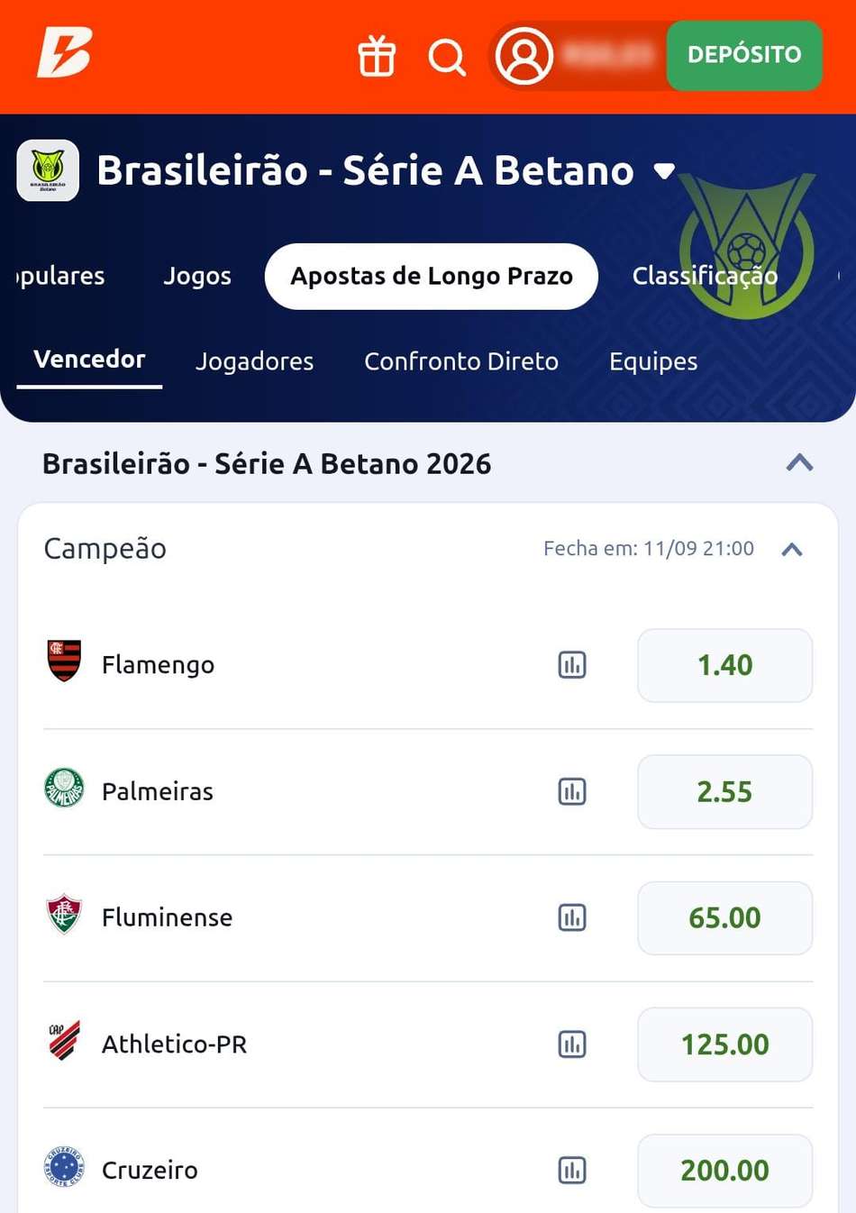 Captura de tela da aposta de Longo Prazo do Brasileirão na Betano.