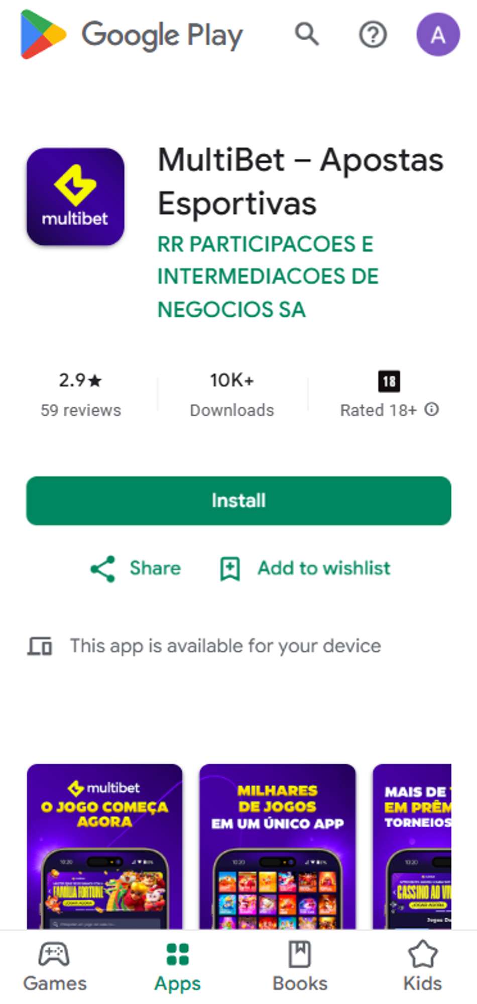 Página da Google Play do aplicativo Multibet Apostas Esportivas