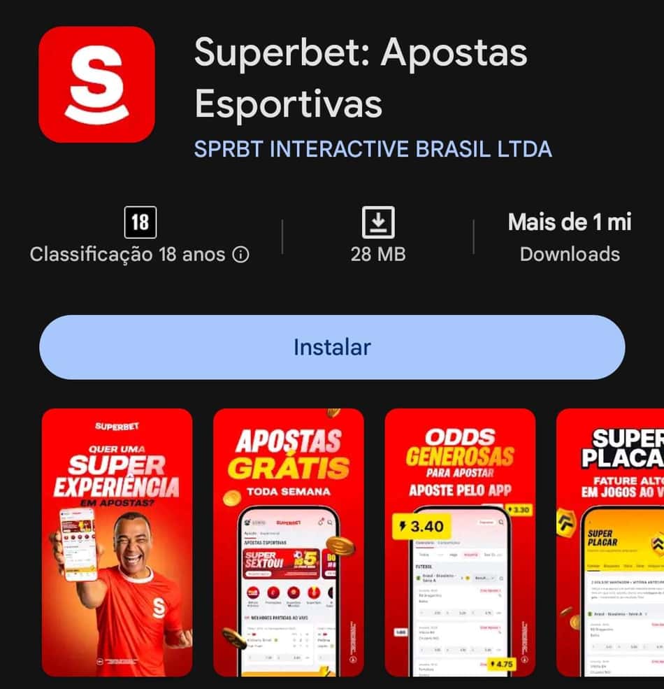 Captura de tela do aplicativo de apostas Superbet na Play Store.
