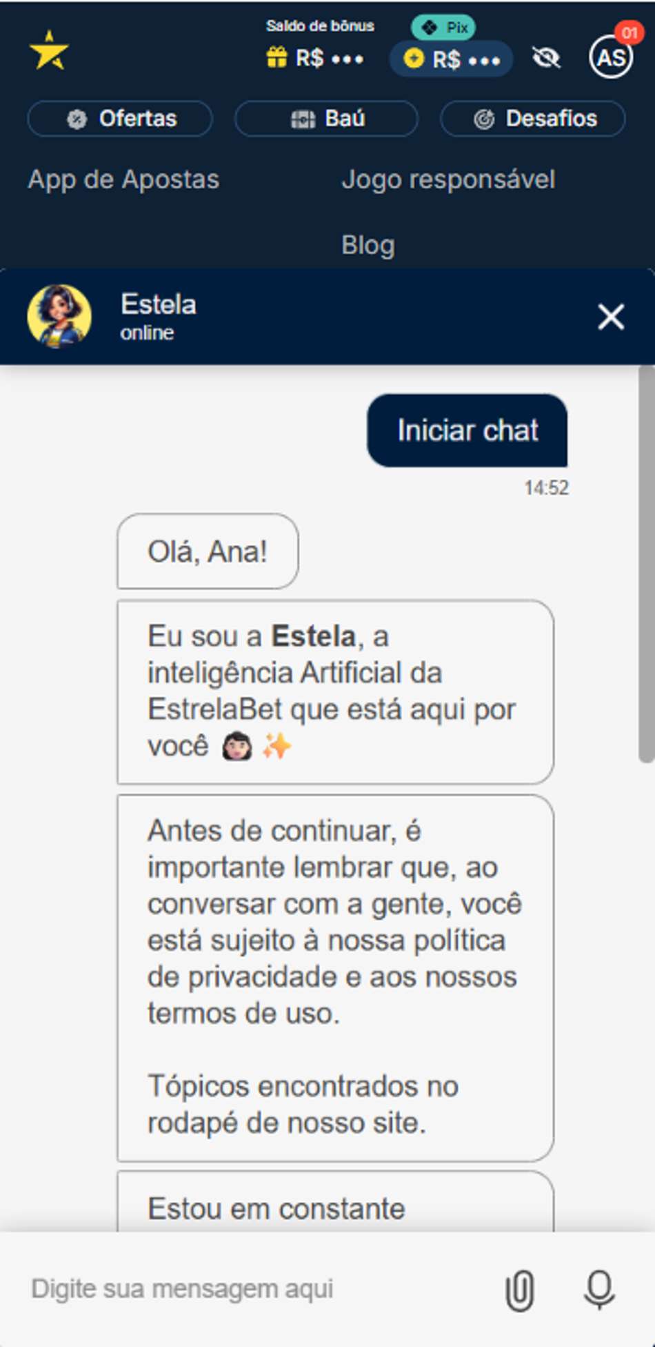 Chat ao vivo com atendimento 24 horas na Estrela Bet