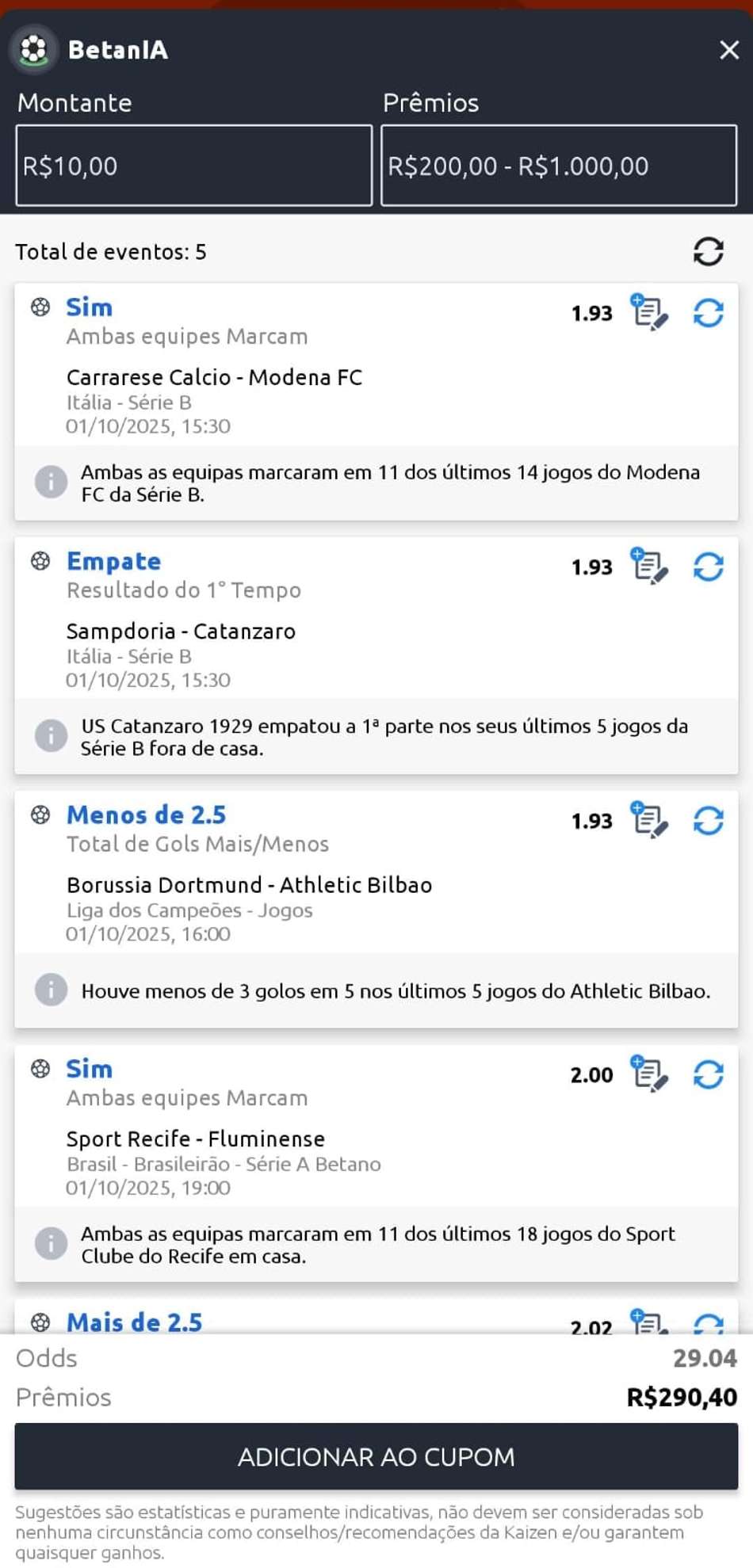 Captura de tela com BetanIA da Betano que seleciona apostas com inteligência artificial
