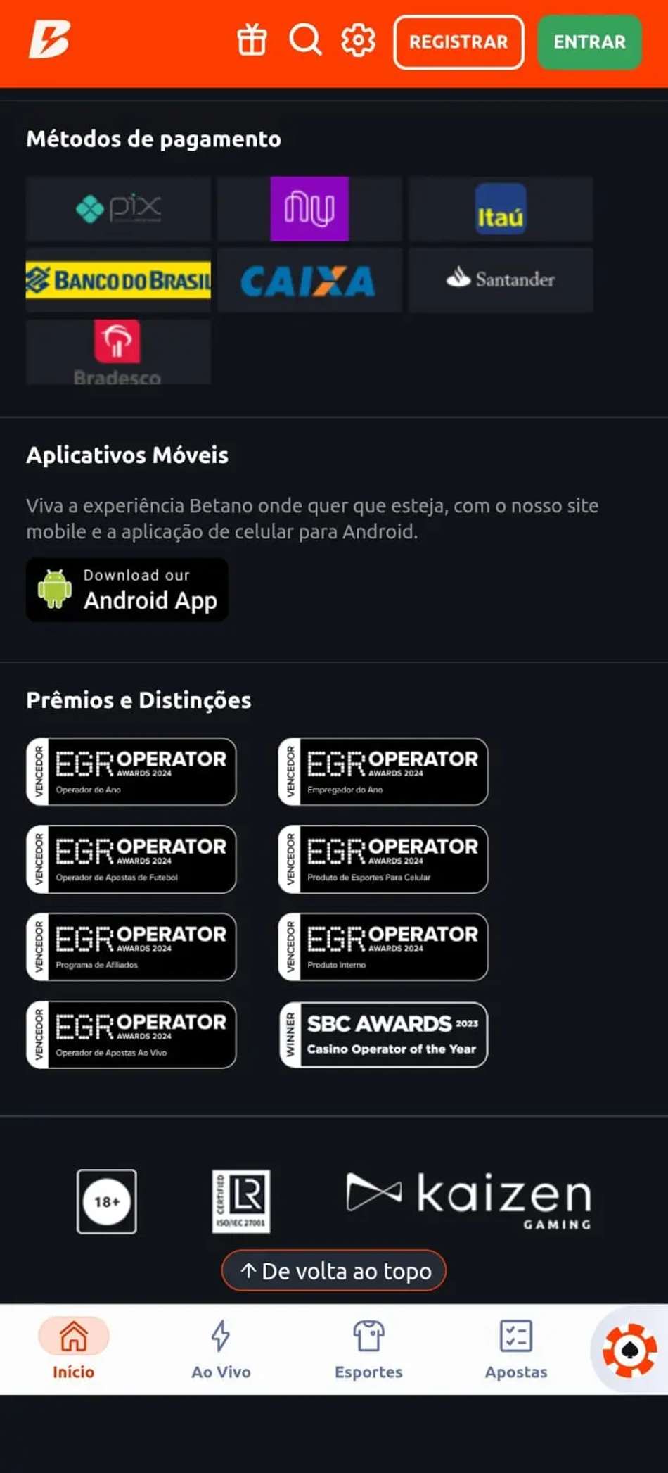 Captura de tela do rodapé do site da Betano com o botão de download do App Betano.