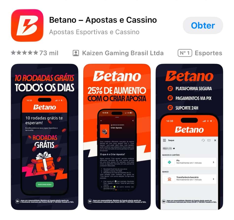 Captura de tela da App Store com app Betano para instalar.