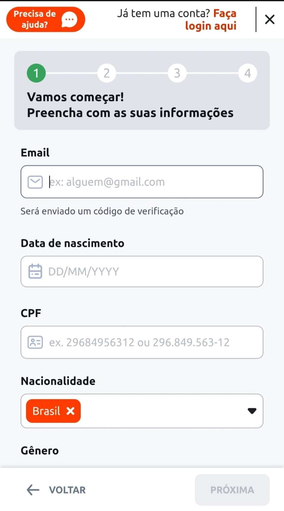 Captura de tela da etapa 1 do cadastro na Betano
