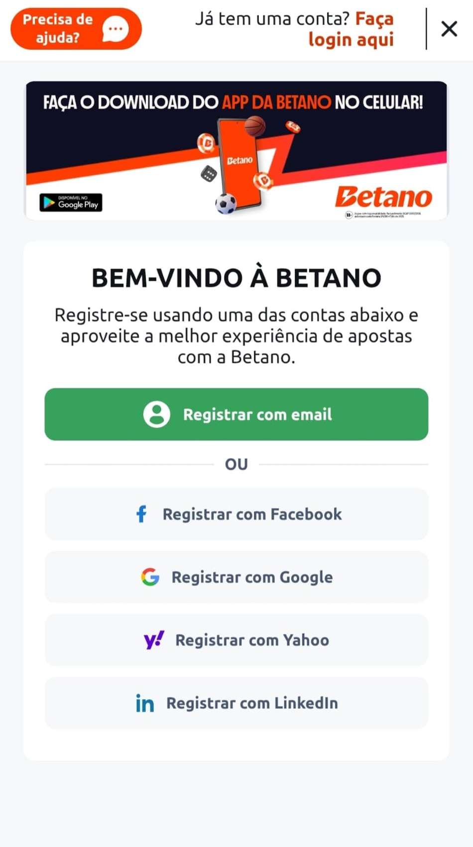 Captura de tela da página inicial de cadastro na Betano