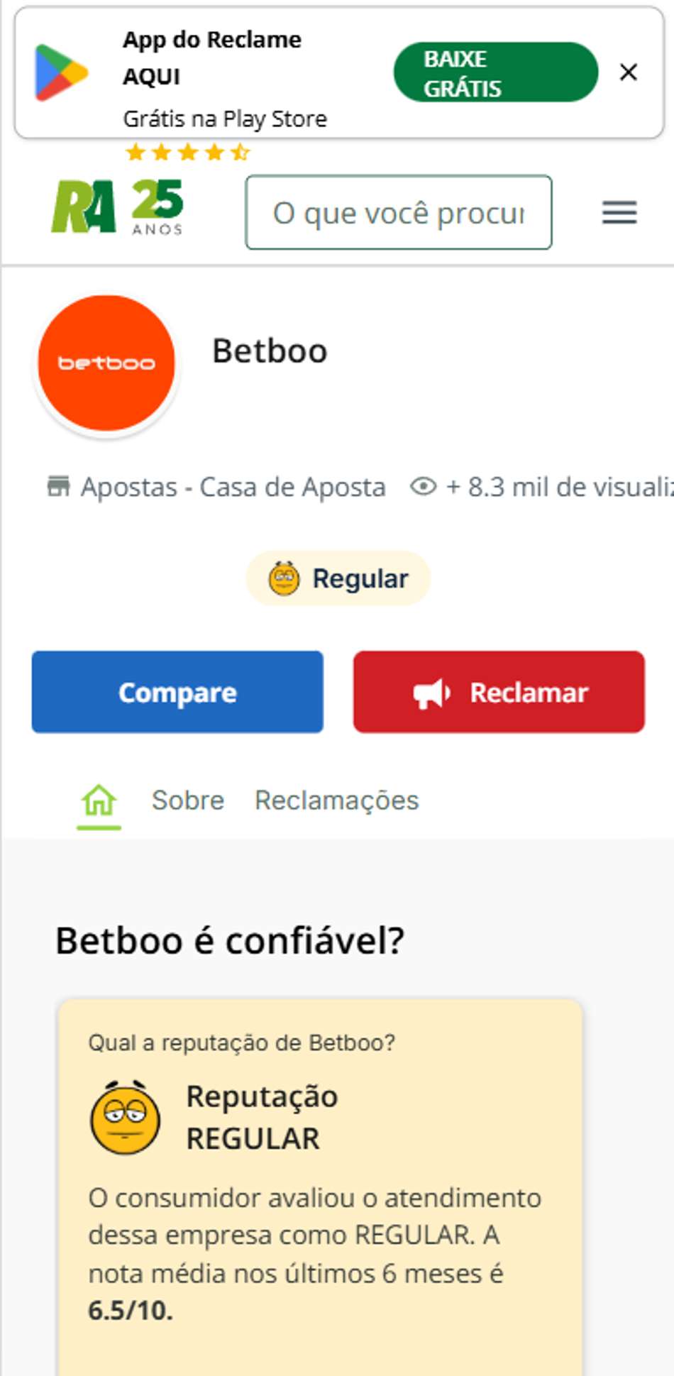 Reputação Betboo no Reclame Aqui