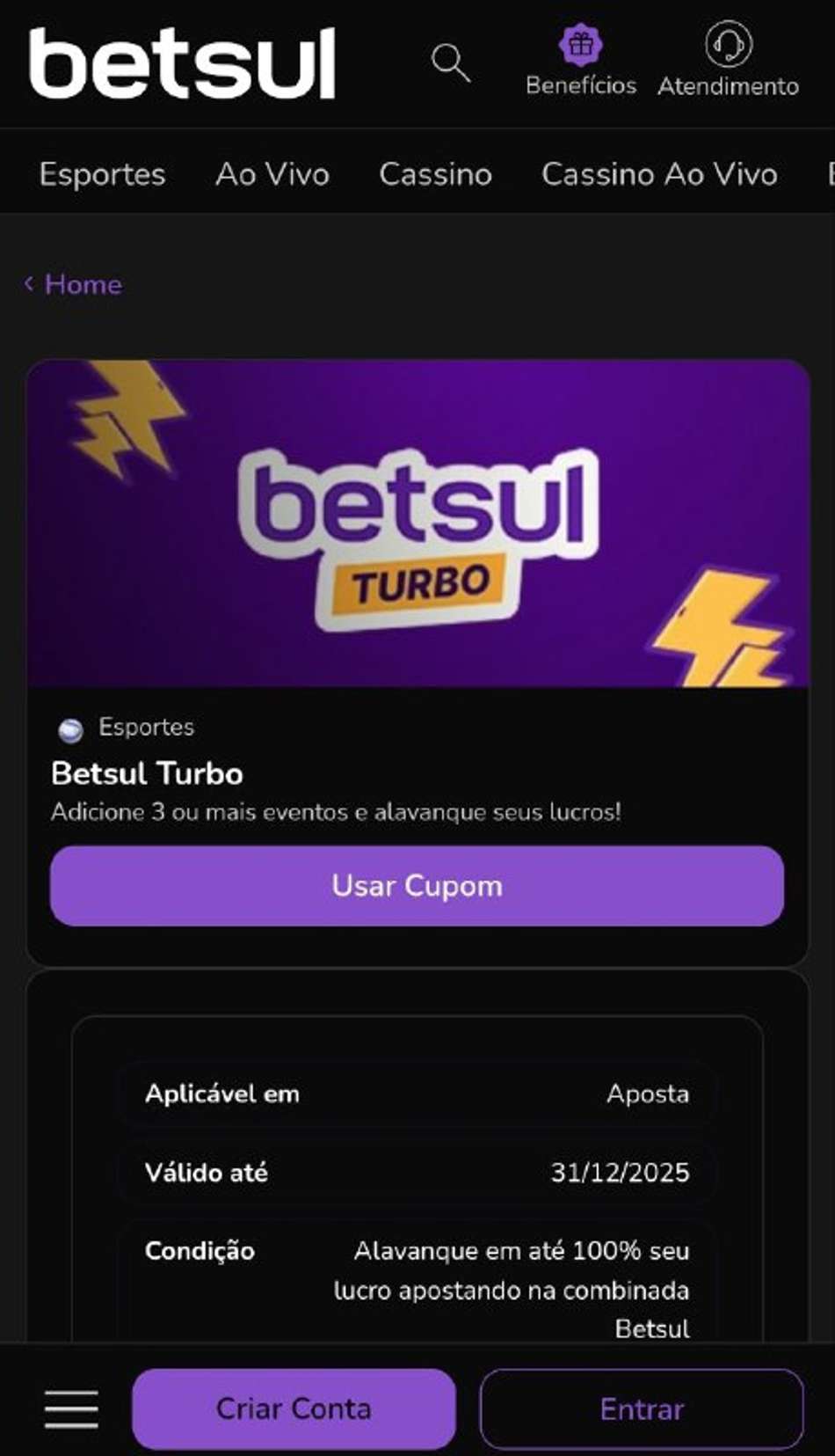 Oferta Betsul Turbo com ganhos aumentados em até 100% nas apostas combinadas