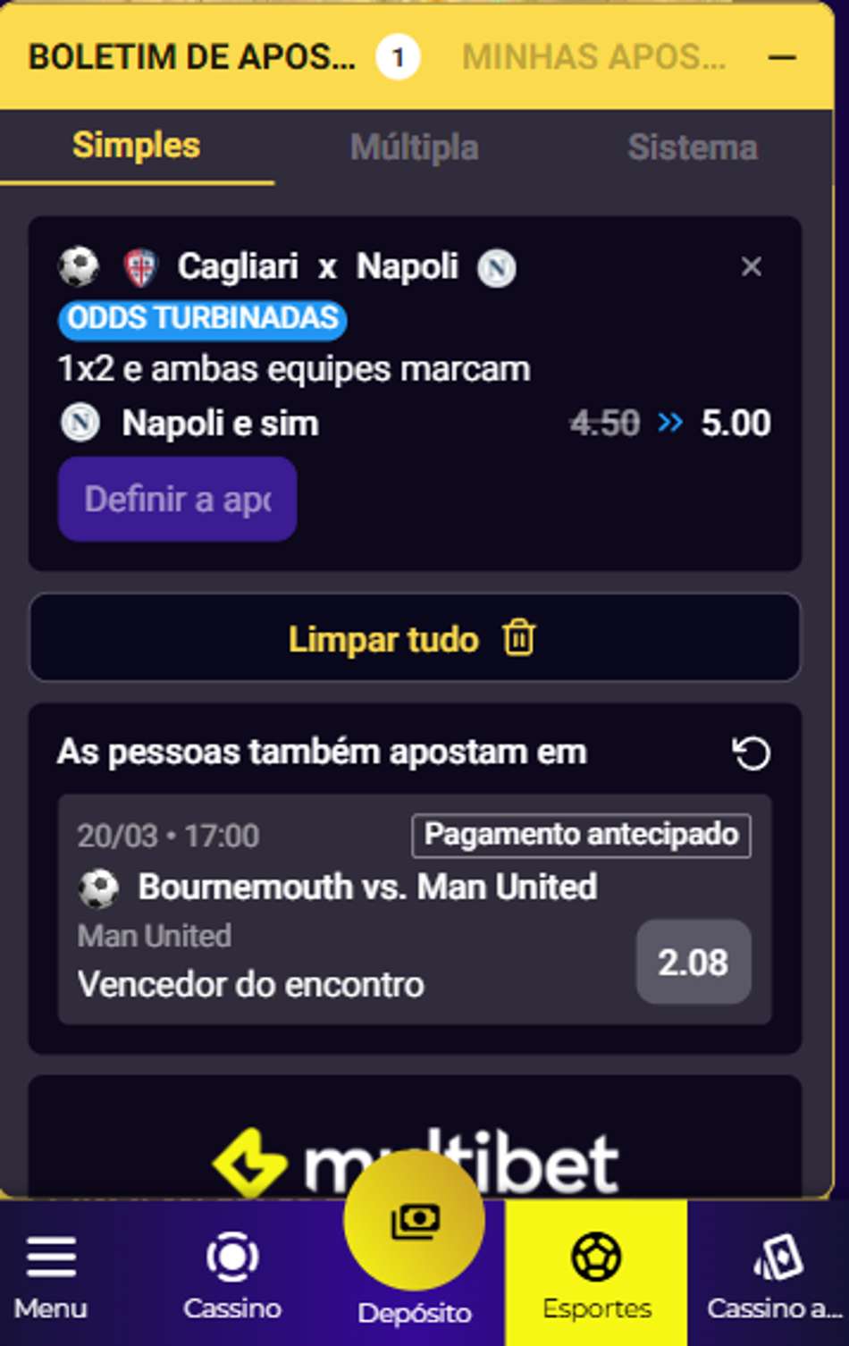 Bilhete de apostas da Multibet com palpite simples em Cagliari x Napoli e odds aumentadas