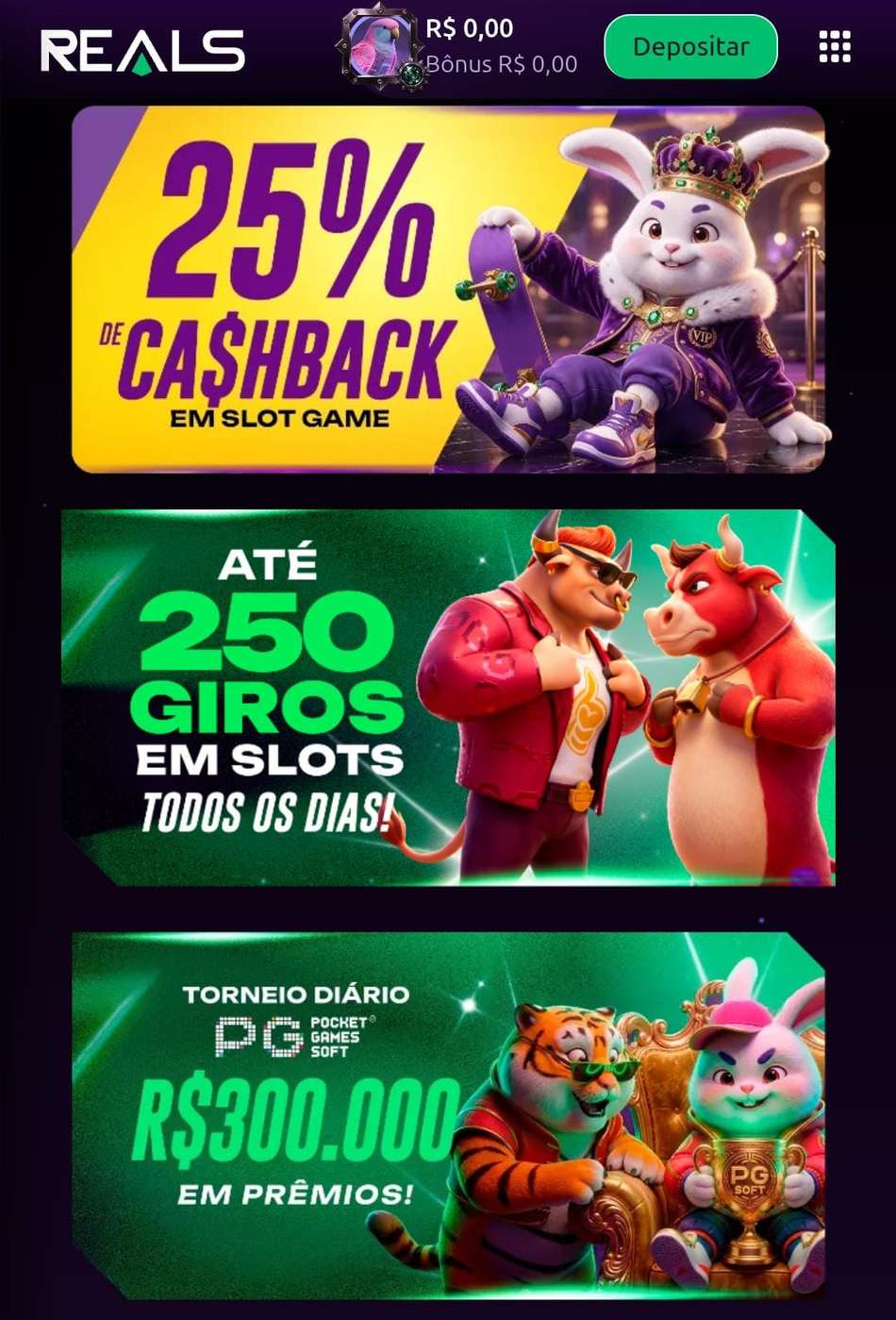Captura de tela da página de bônus da Reals Bet.