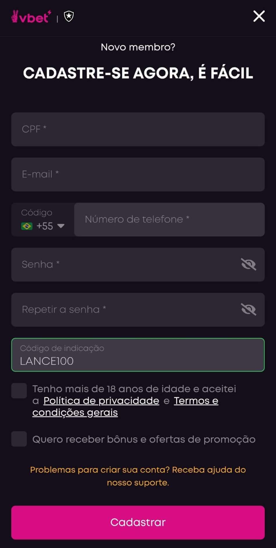 Captura de tela da página de cadastro da casa de apostas Vbet