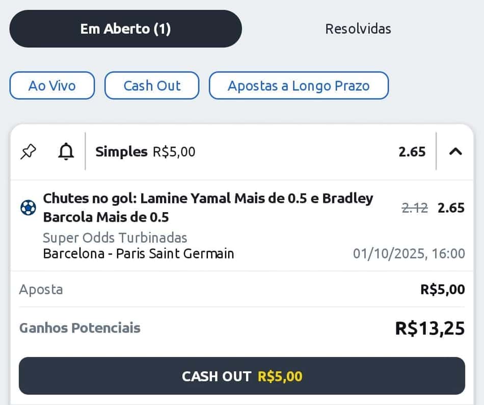 Captura de tela com função de Cash Out da Betano para iniciantes via "Minhas Apostas"