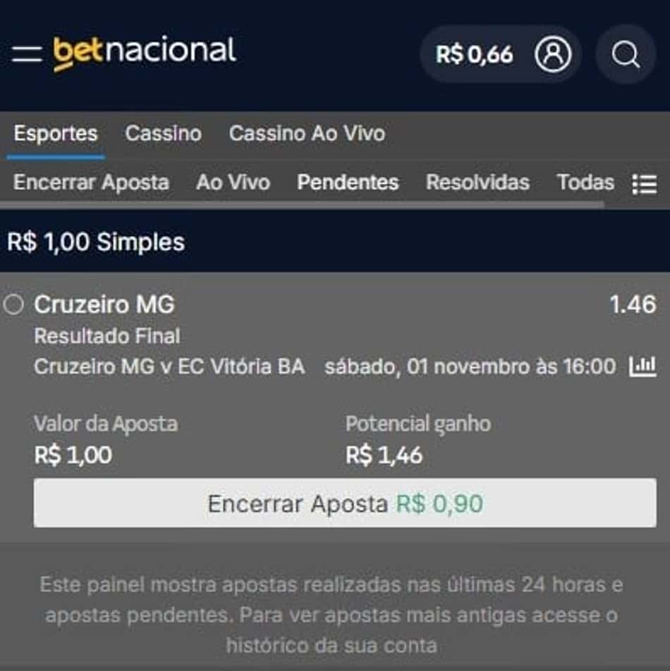 Captura de tela exibe o cash out com o código afiliado Betnacional ativado.