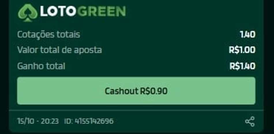 Captura de tela de cash out ao vivo na Lotogreen.