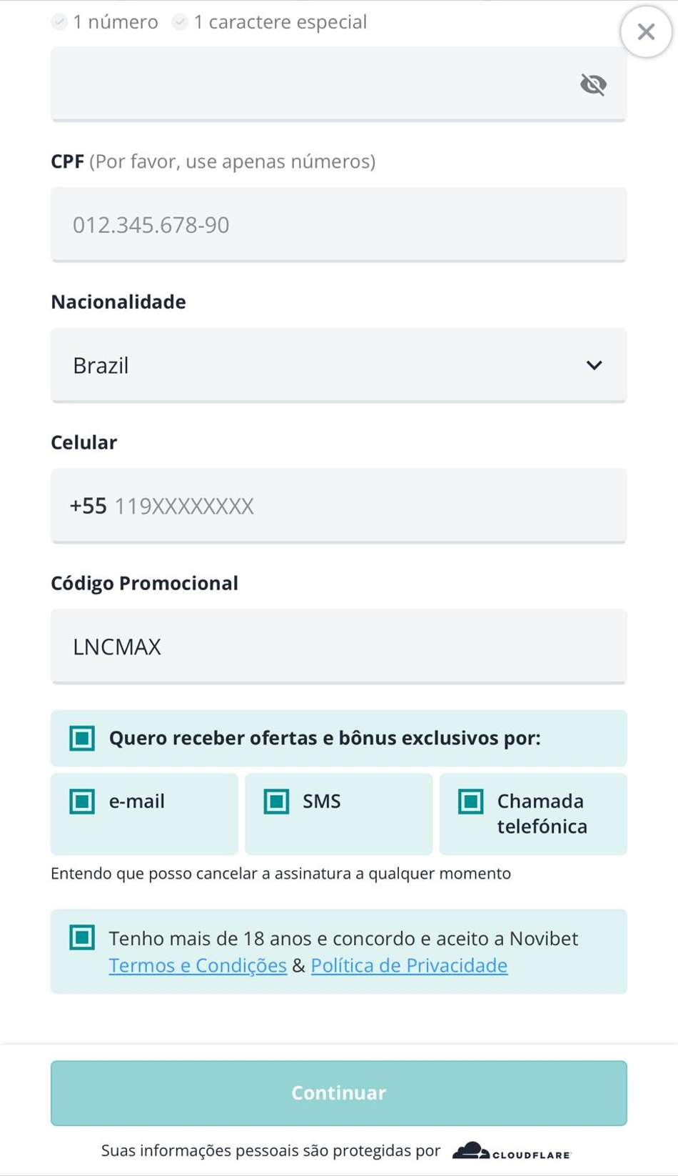 Captura de tela mostra onde aplicar o código promocional Novibet LNCMAX no cadastro.