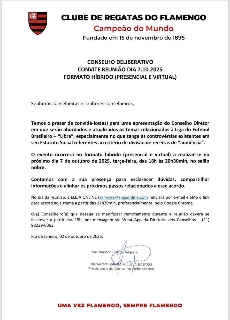 Convite aos conselheiros do Flamengo (Foto: Divulgação)