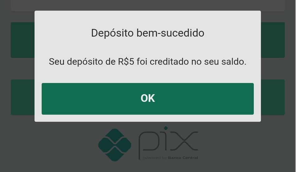 Captura de tela do depósito mínimo via Pix bet365 bem sucedido.