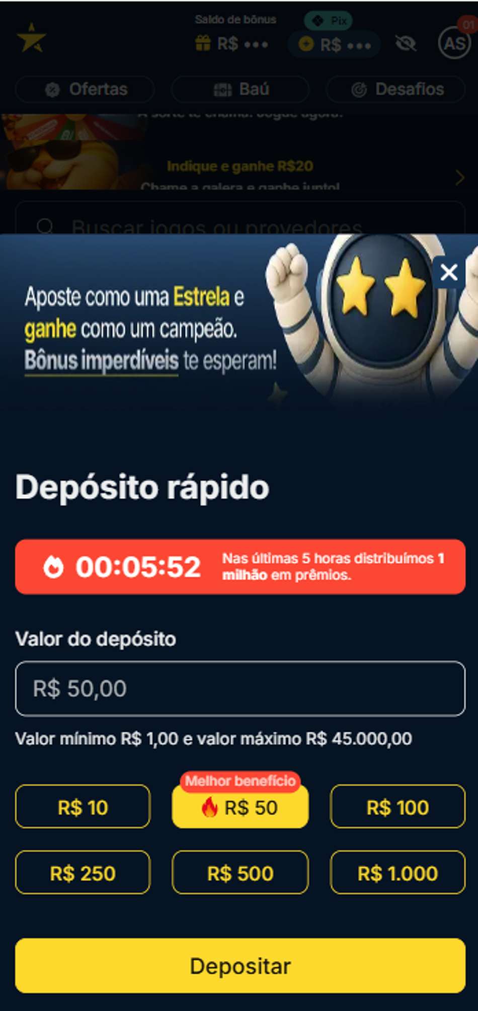  Depósito rápido na Estrela Bet com pagamentos a partir de R$1