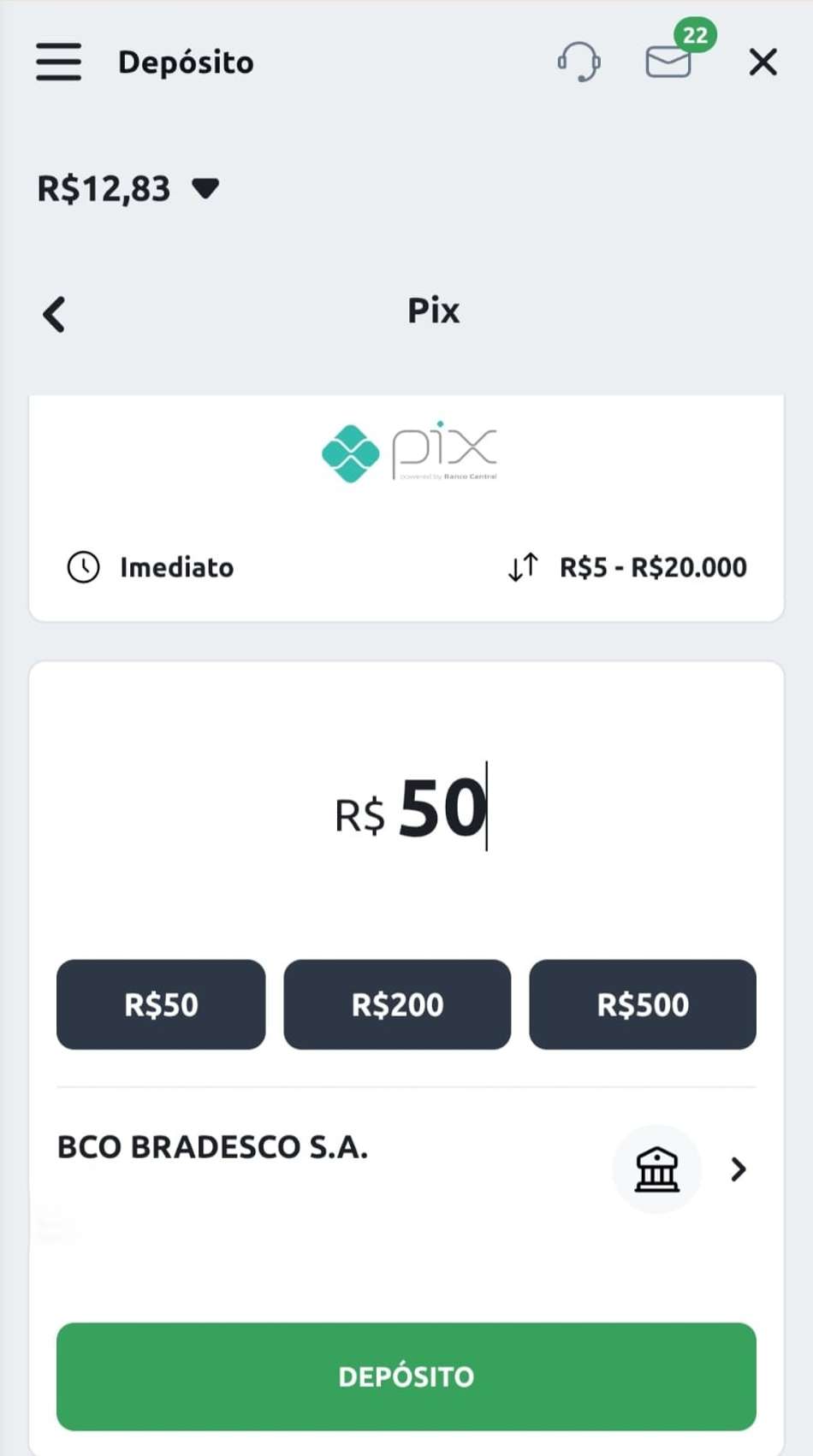 Captura de tela do depósito de R$50 feito pelo Pix Betano.