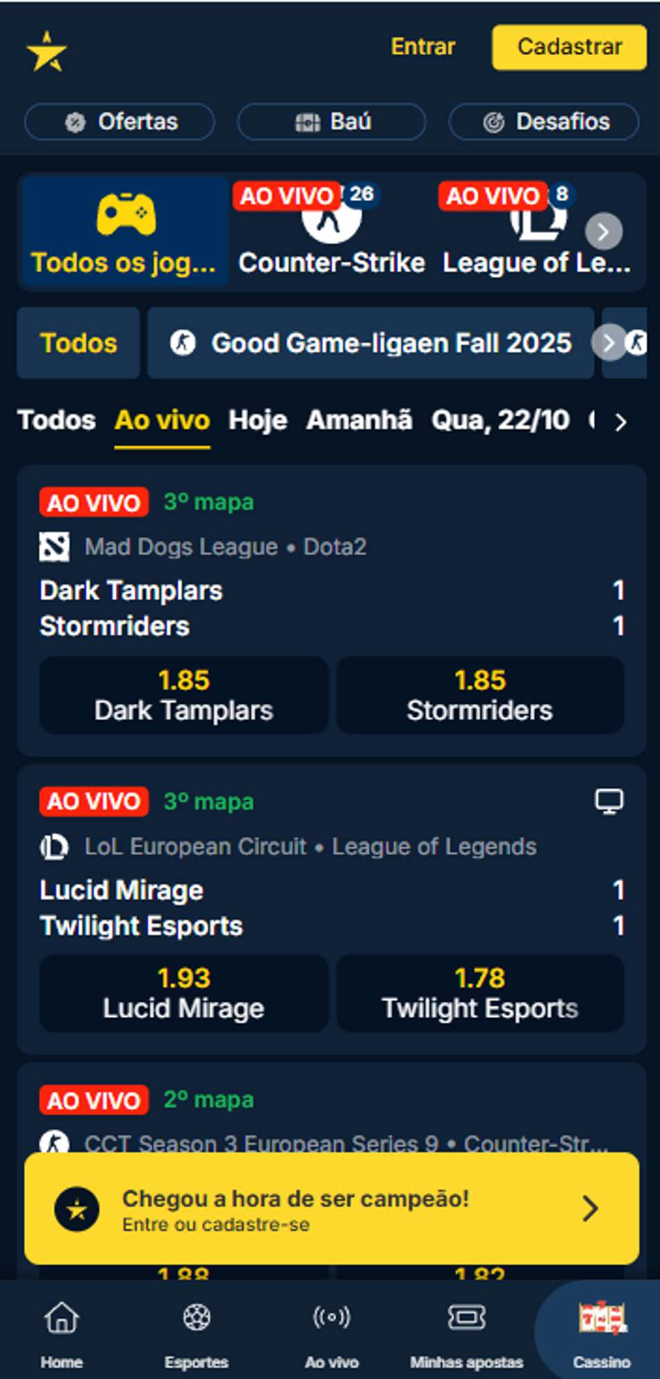 Página de e-Sports ao vivo na Estrela Bet com partidas de Dota 2 e League of Legends