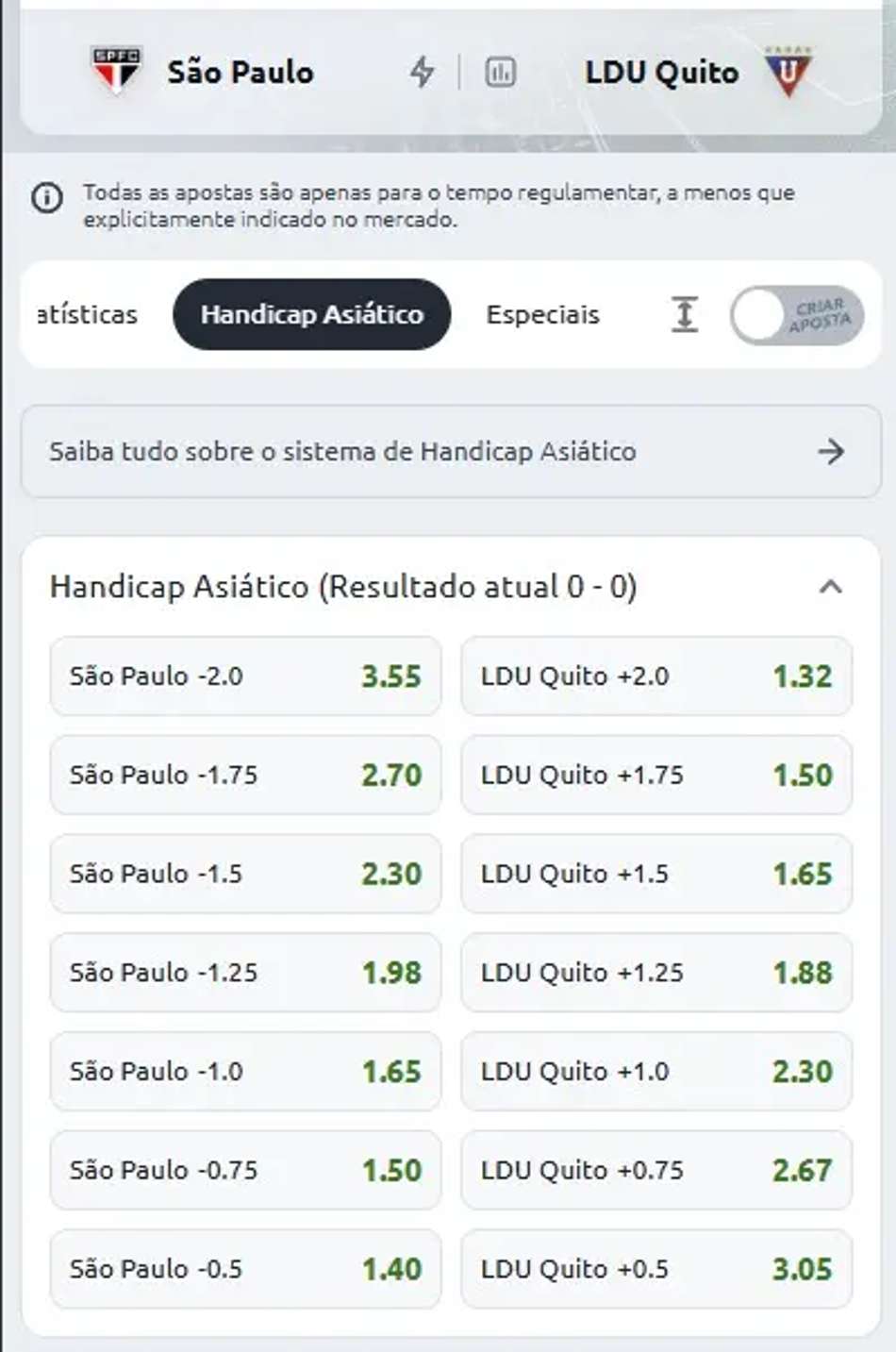 Captura de tela com Handicap Asiático da Betano.