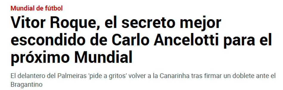 Jornal "Marca" sobre o momento de Vitor Roque no Palmeiras (Foto: Reprodução/Marca)