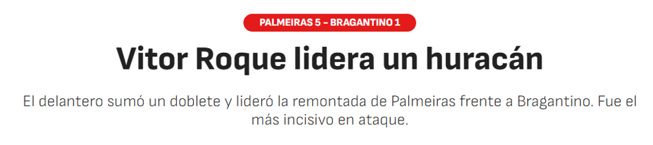 Jornal "As" sobre a partida entre Palmeiras e Red Bull Bragantino (Foto: Reprodução/As)