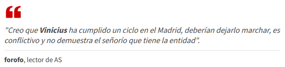 Tradução: Acho que o Vinicius já completou seu tempo no Madrid. Eles deveriam deixá-lo ir. Ele é problemático e não demonstra o respeito que o clube tem.