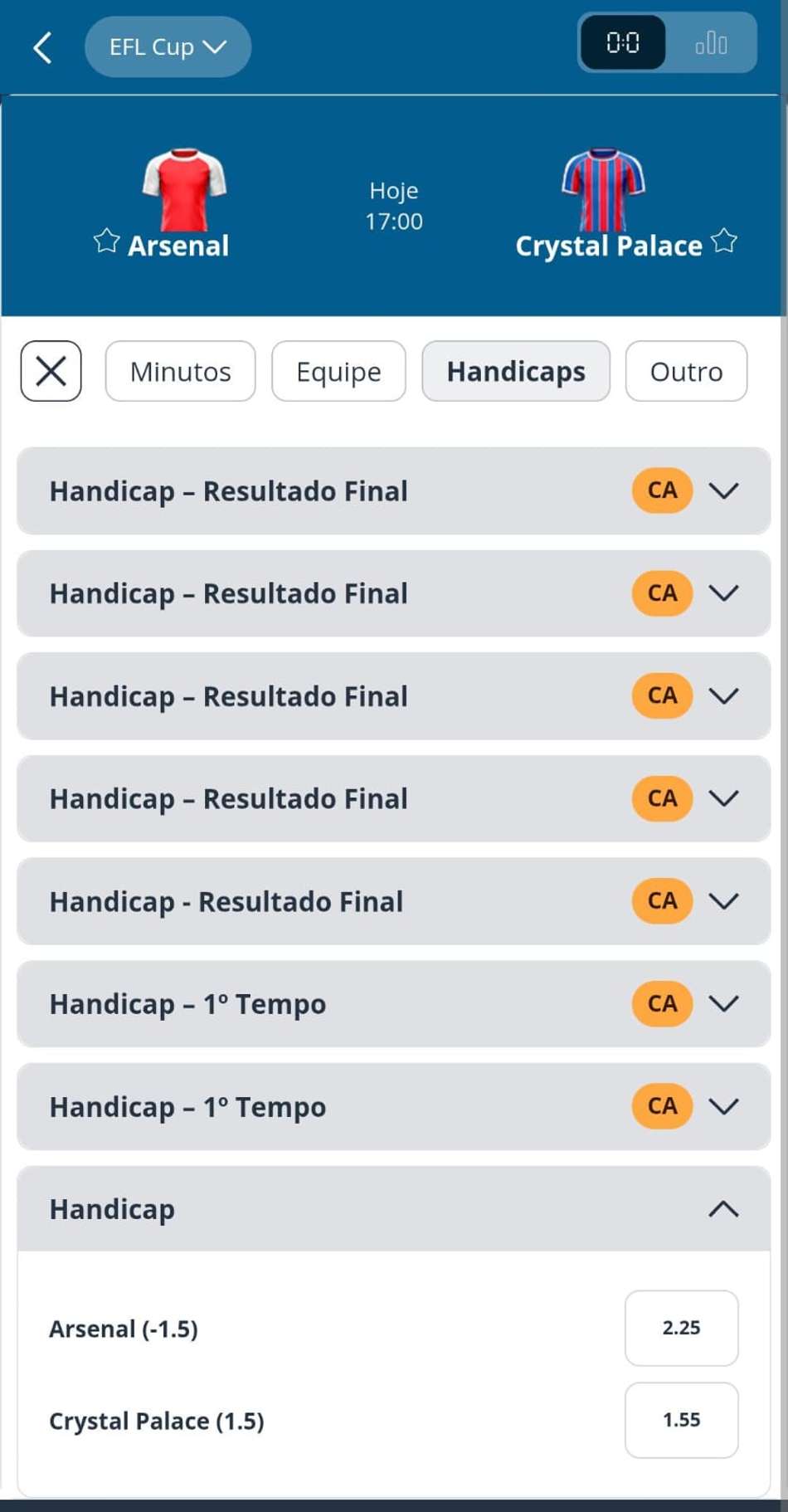 Captura de tela dos mercados de Handicap Asiático na Sportingbet