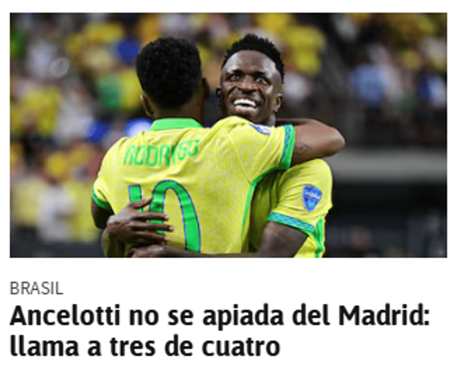 Jornal "As" sobre a convocação da Seleção Brasileira de Carlo Ancelotti (Foto: Reprodução/As)