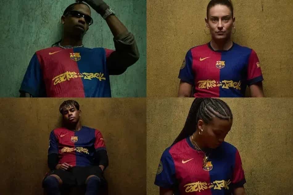O selo "Cactus Jack" pertence à marca pessoal de Travis Scott, e estampou a camisa das equipes masculina e feminina do Barcelona na última temporada (Foto: Divulgação/Barcelona)