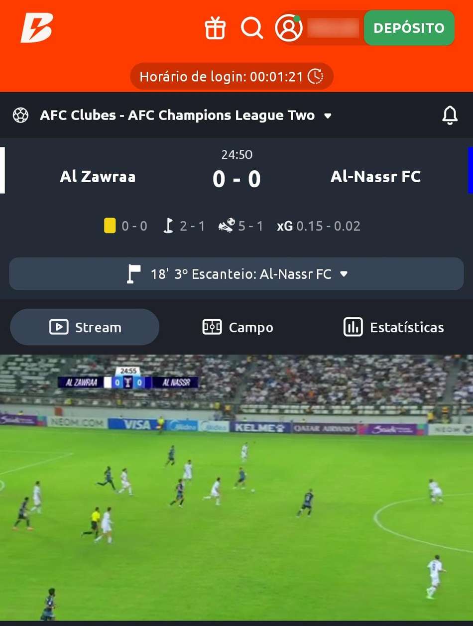 Captura de tela do live streaming de futebol na casa de apostas Betano