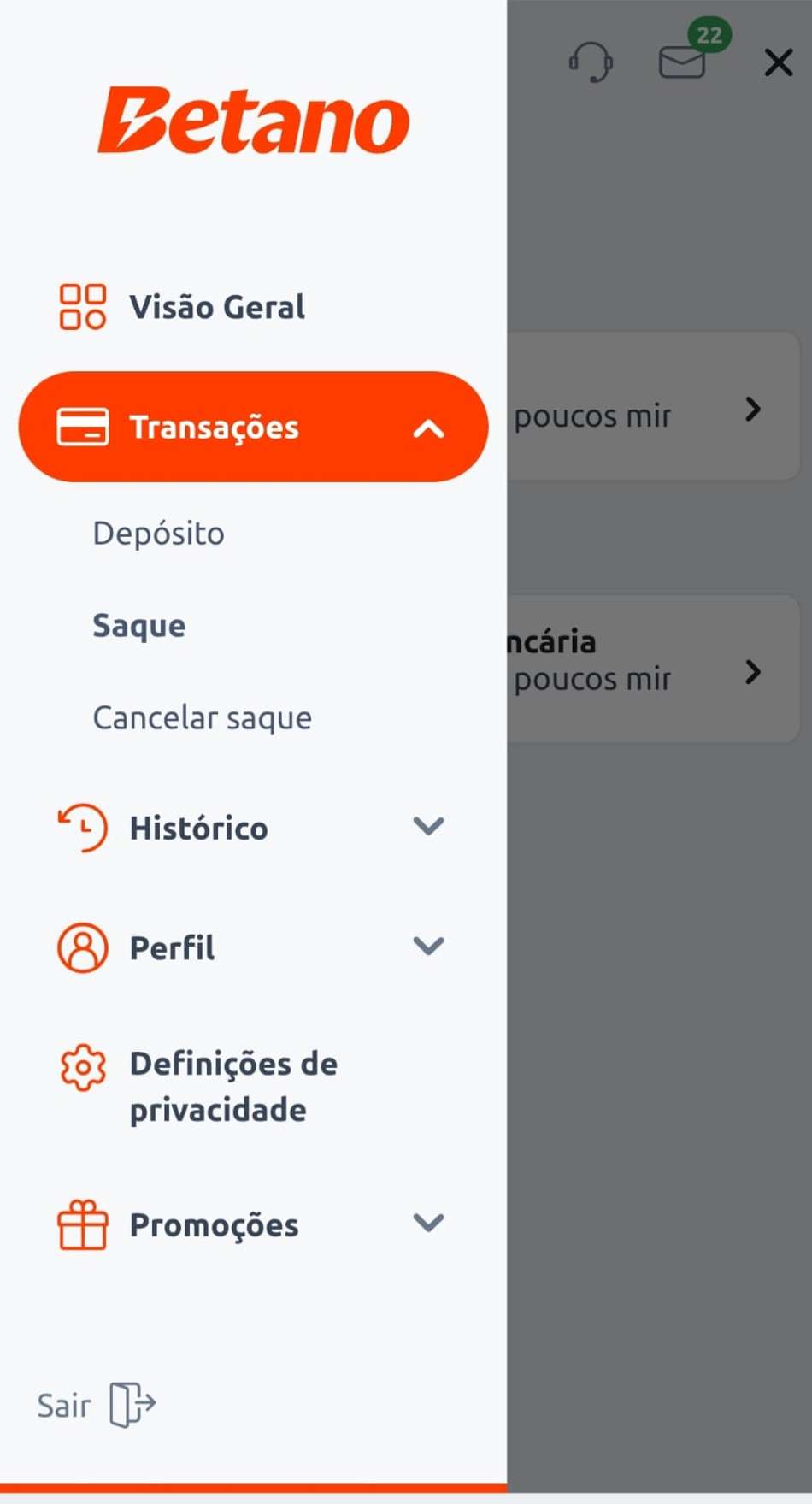 Captura de tela do menu lateral da Betano com destaque para o botão de Transações, necessário para fazer o saque Pix Betano.