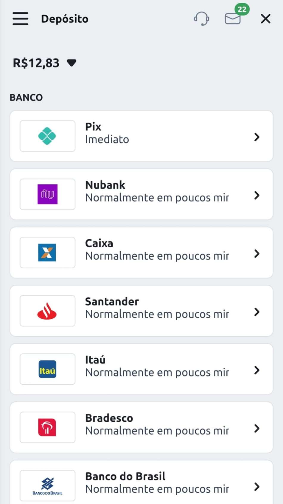 Captura da tela que informa os métodos de pagamento da casa, incluindo o Pix Betano.