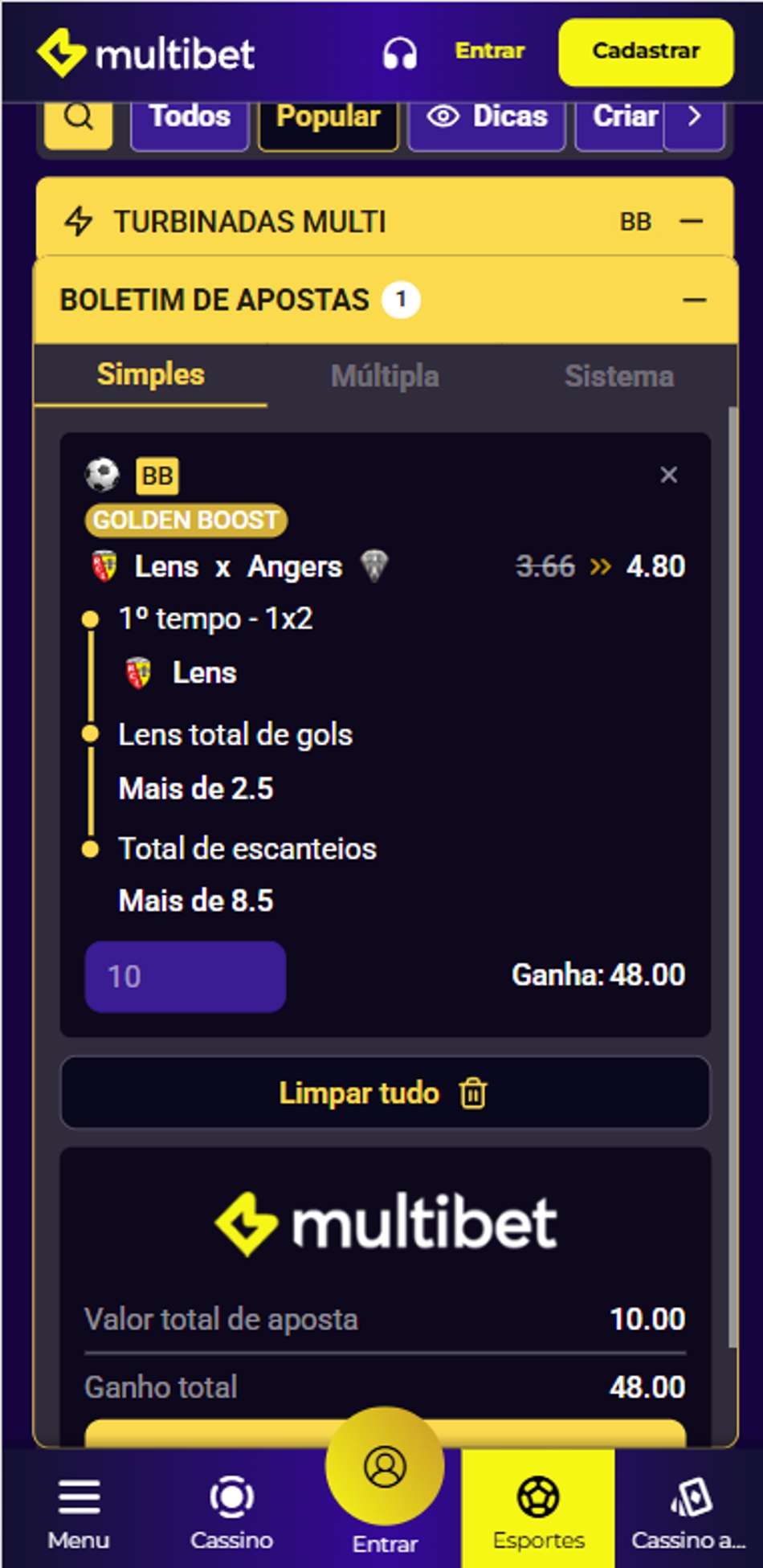 Criar aposta na Multibet com múltiplos mercados combinados