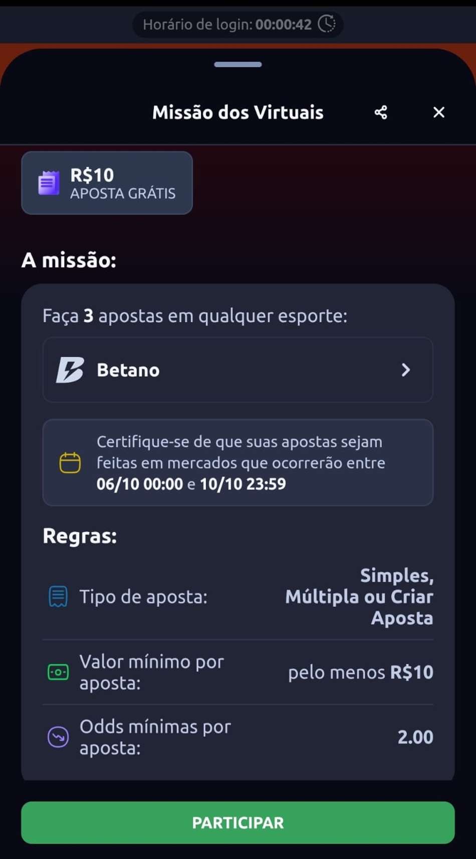 Captura de tela da página da oferta de missões na Betano.