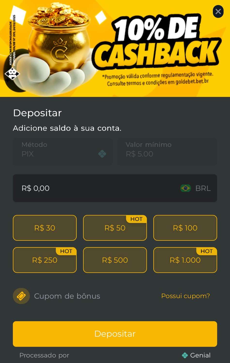 Captura da tela de depósito via Pix na Gol de Bet.