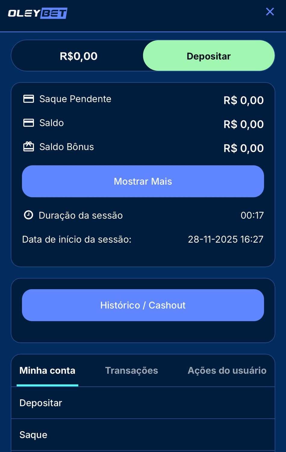 Captura da tela de pagamentos com Pix na Oley Bet.