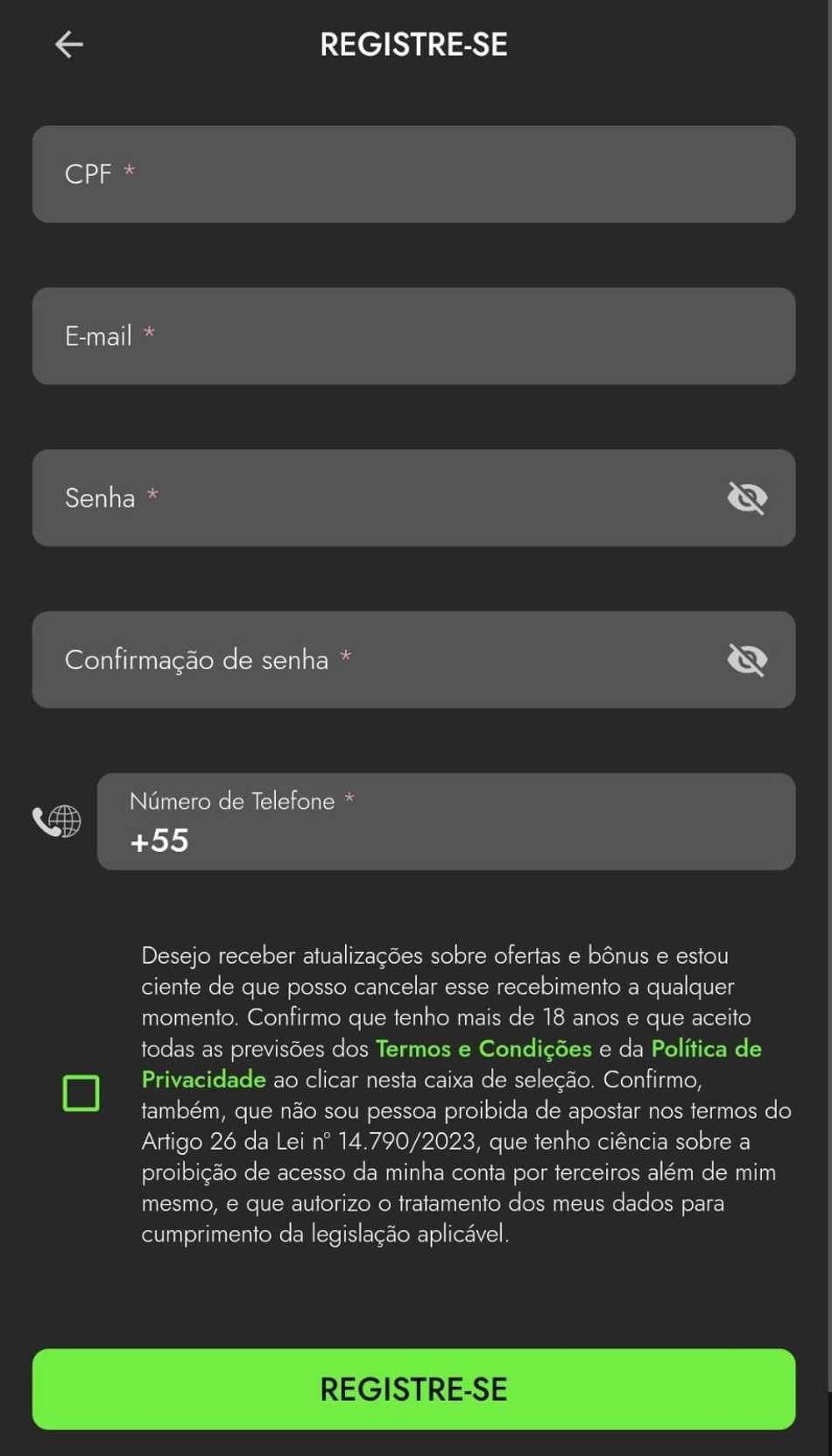 Captura de tela do registro na Luva Bet Apostas