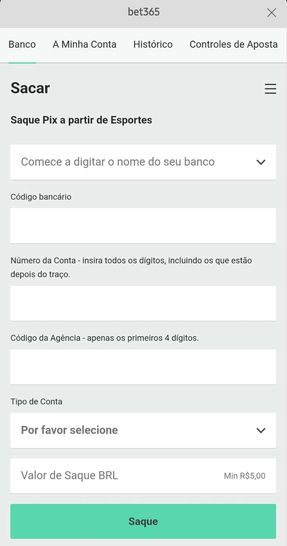 Captura de tela da página de saque via Pix bet365