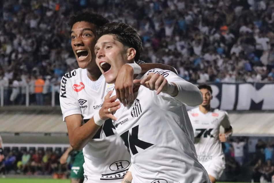 Rollheiser marca o gol da vitória do Santos diante do Palmeiras. (Foto: ThaÃ­sa Gigo/Mochila Press/ Gazeta Press)