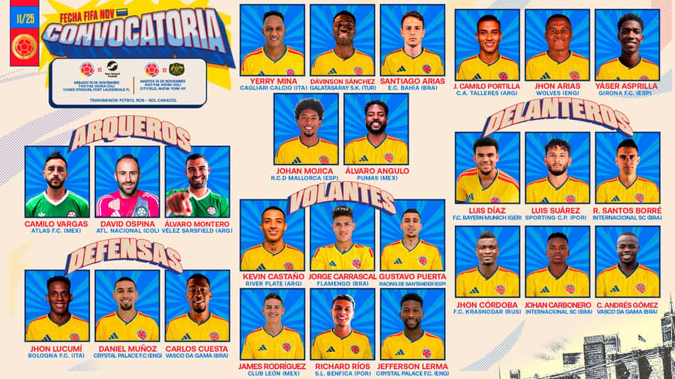 Arte da convocação da seleção da Colômbia