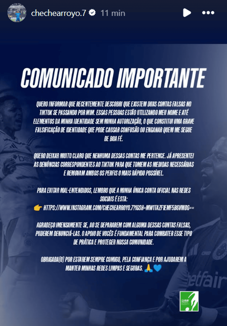 Mensagem de Arroyo do Cruzeiro no Instagram