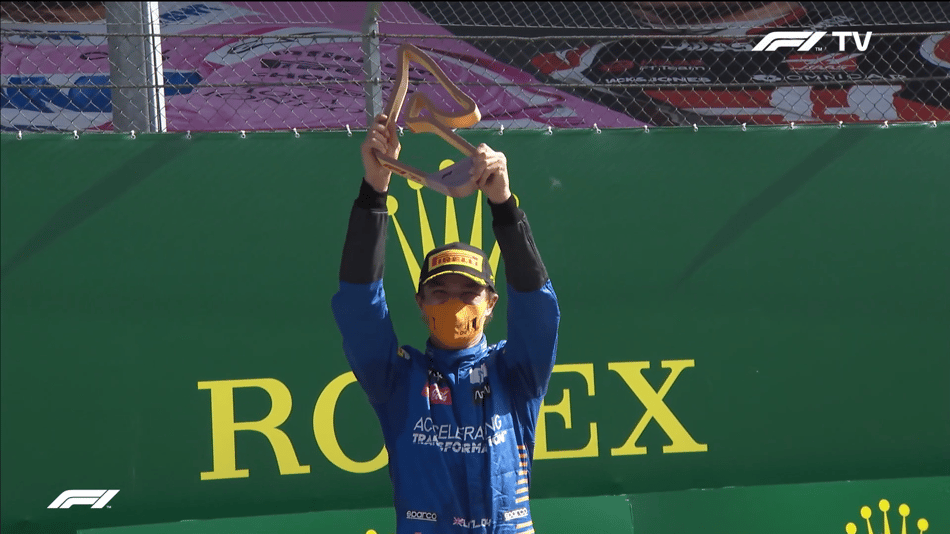 Lando Norris em seu primeiro pódio na F1 (Foto: Reprodução / F1TV)