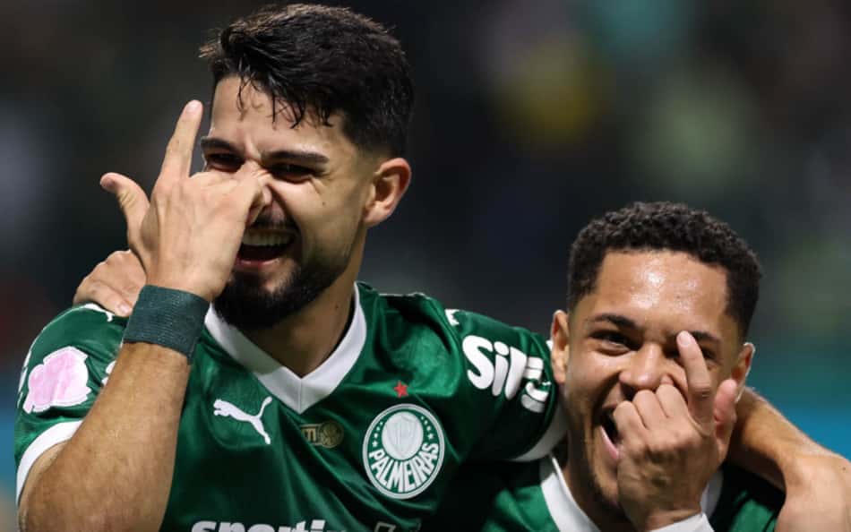 Flaco López e Vitor Roque, atacantes do Palmeiras (Foto: Cesar Greco/Palmeiras/by Canon)