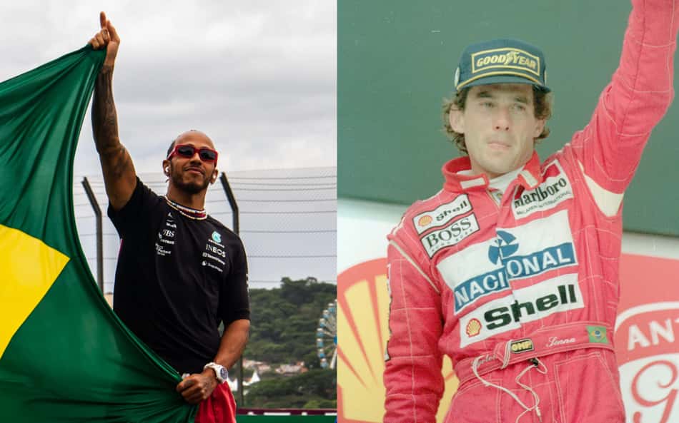 Lewis Hamilton e Ayrton Senna (Fotos: Vinicius Nunes/ Agencia F8 / Gazeta Press e Gazeta Press)