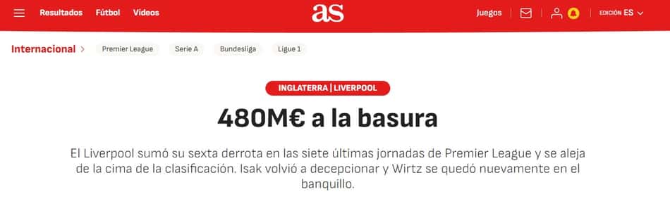 Jornal "As", da Espanha, detona início de temporada do Liverpool (Foto: Reprodução)